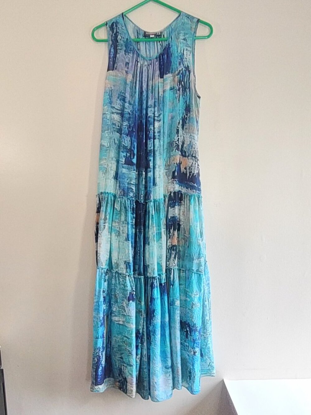 Johnny Was Mint Tiered Silk Maxi Dress Size Large Sea Blue Boho Chic Beach - Picture 5 of 15